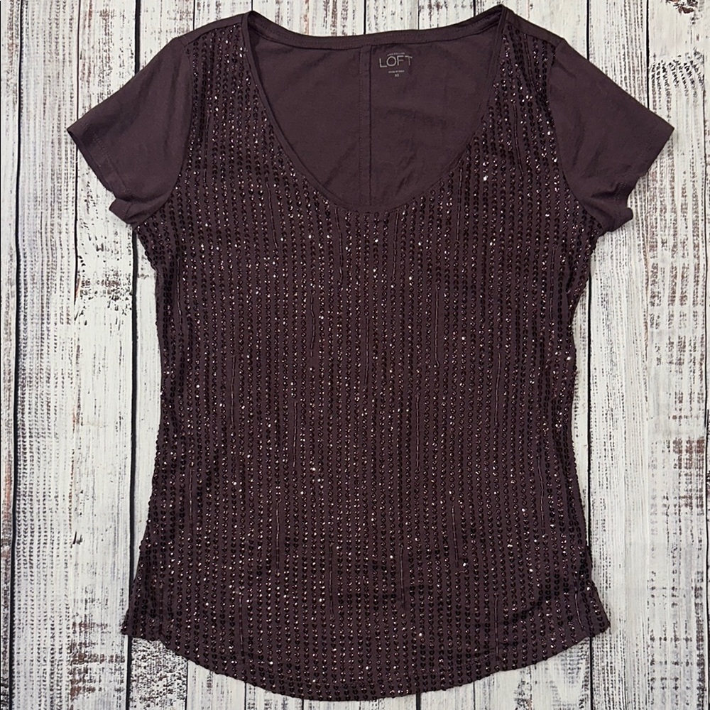 LOFT Purple Sequin Fitted Short Sleeve Blouse